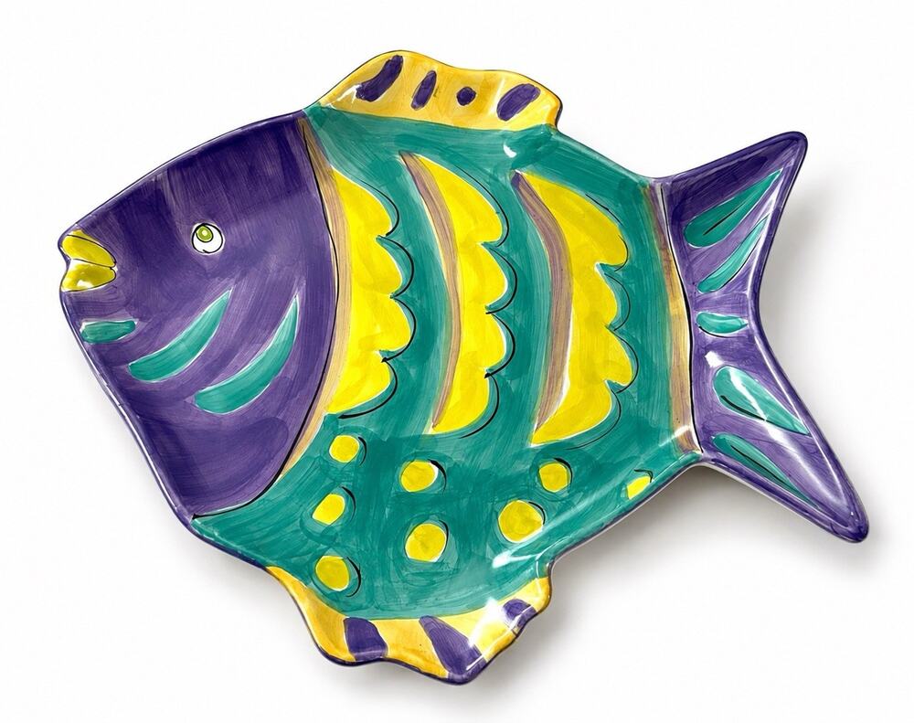 Foreside Ceramic Fish Platter 16” Colorful Purple Teal Yellow Serving Dish